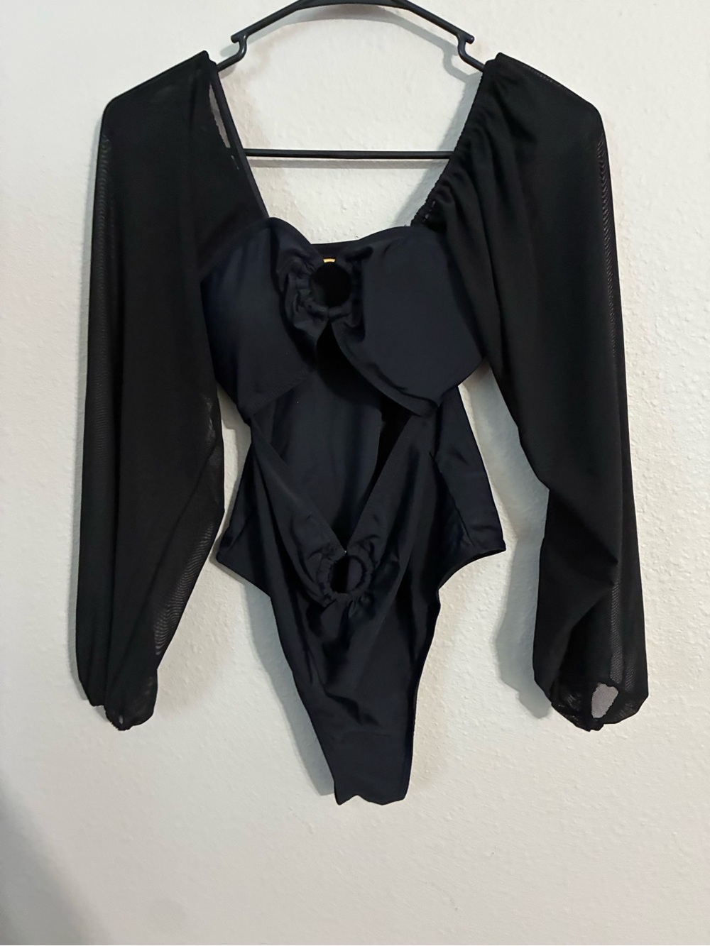 Women’s Black One-Piece Swimsuit with Long Mesh Sleeves